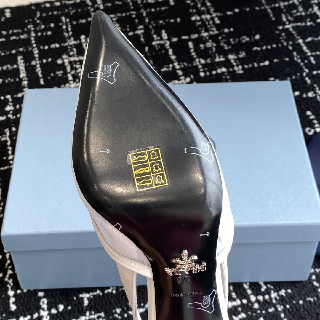 高仿Prada*1I891B尖頭露跟高踭鞋7.5CM白色免檢版