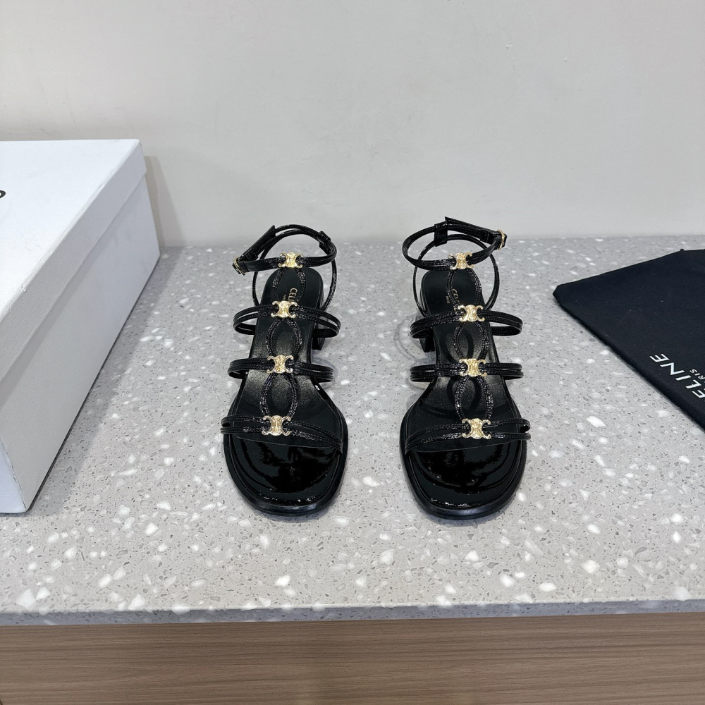 高仿Celine*361234371一字帶粗跟涼鞋黑色4CM免檢版