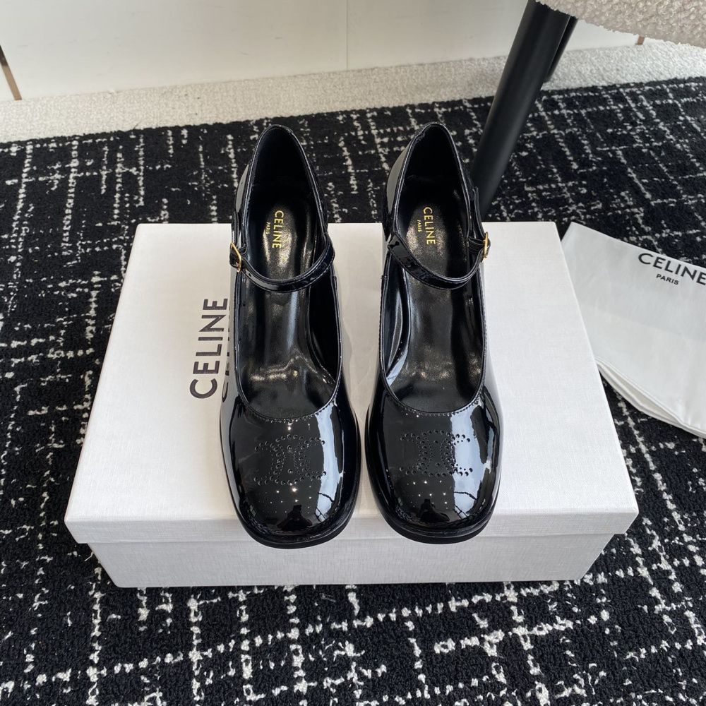高仿Celine*360314582穿孔LOGO瑪麗珍鞋漆皮黑色6.5CM免檢版