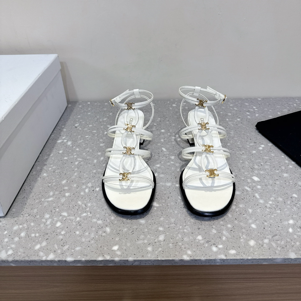 高仿Celine*361233958一字帶粗跟涼鞋白色4CM免檢版