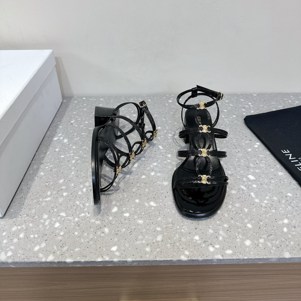 高仿Celine*361234371一字帶粗跟涼鞋黑色4CM免檢版