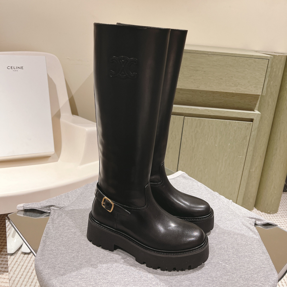 高仿Celine*361893554厚底塔扣高筒靴黑色免檢版