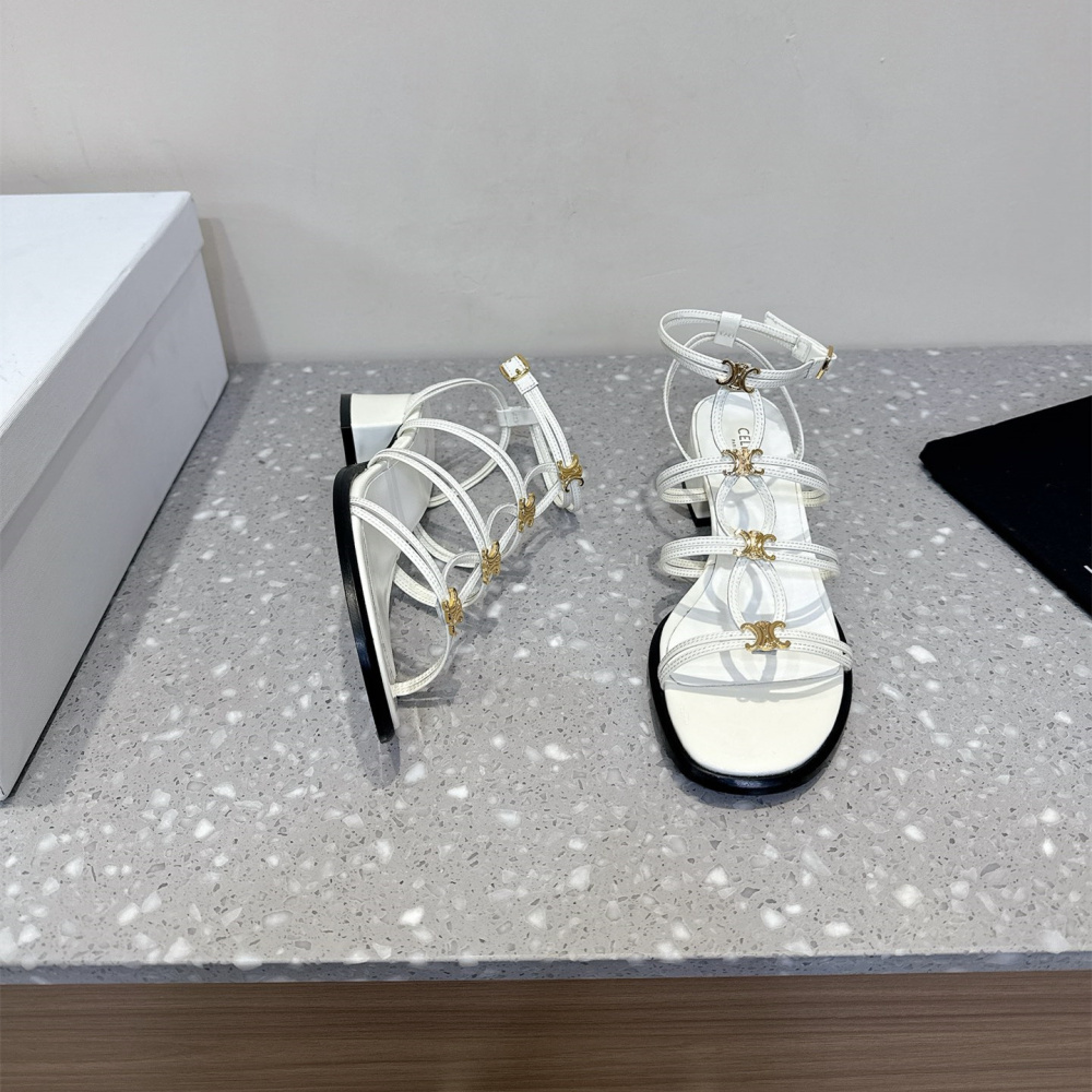 高仿Celine*361233958一字帶粗跟涼鞋白色4CM免檢版
