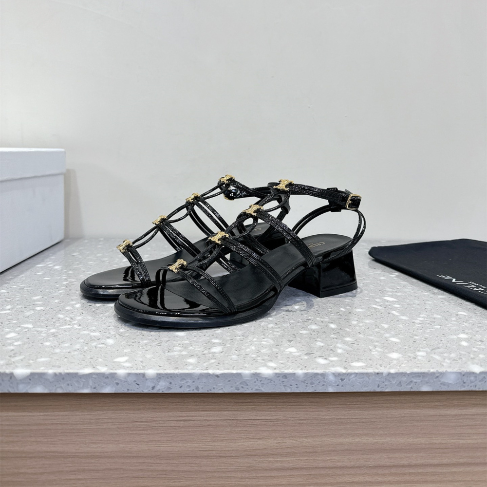 高仿Celine*361234371一字帶粗跟涼鞋黑色4CM免檢版