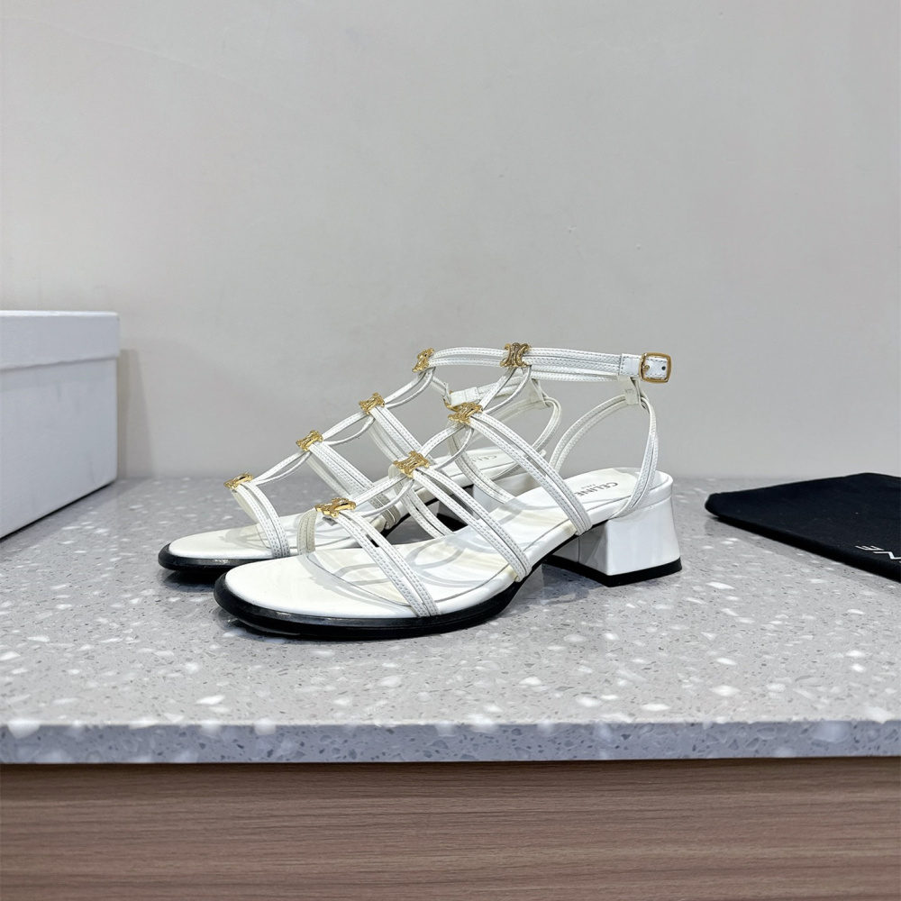 高仿Celine*361233958一字帶粗跟涼鞋白色4CM免檢版