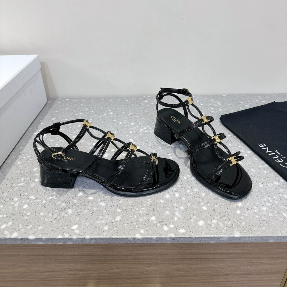 高仿Celine*361234371一字帶粗跟涼鞋黑色4CM免檢版
