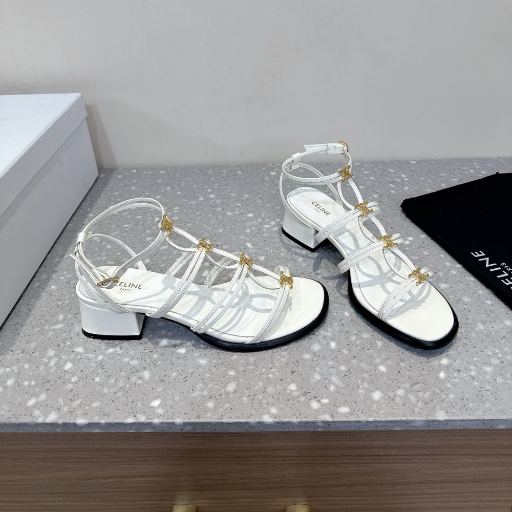 高仿Celine*361233958一字帶粗跟涼鞋白色4CM免檢版