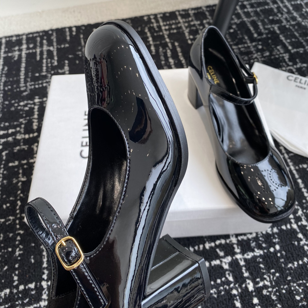 高仿Celine*360314582穿孔LOGO瑪麗珍鞋漆皮黑色6.5CM免檢版