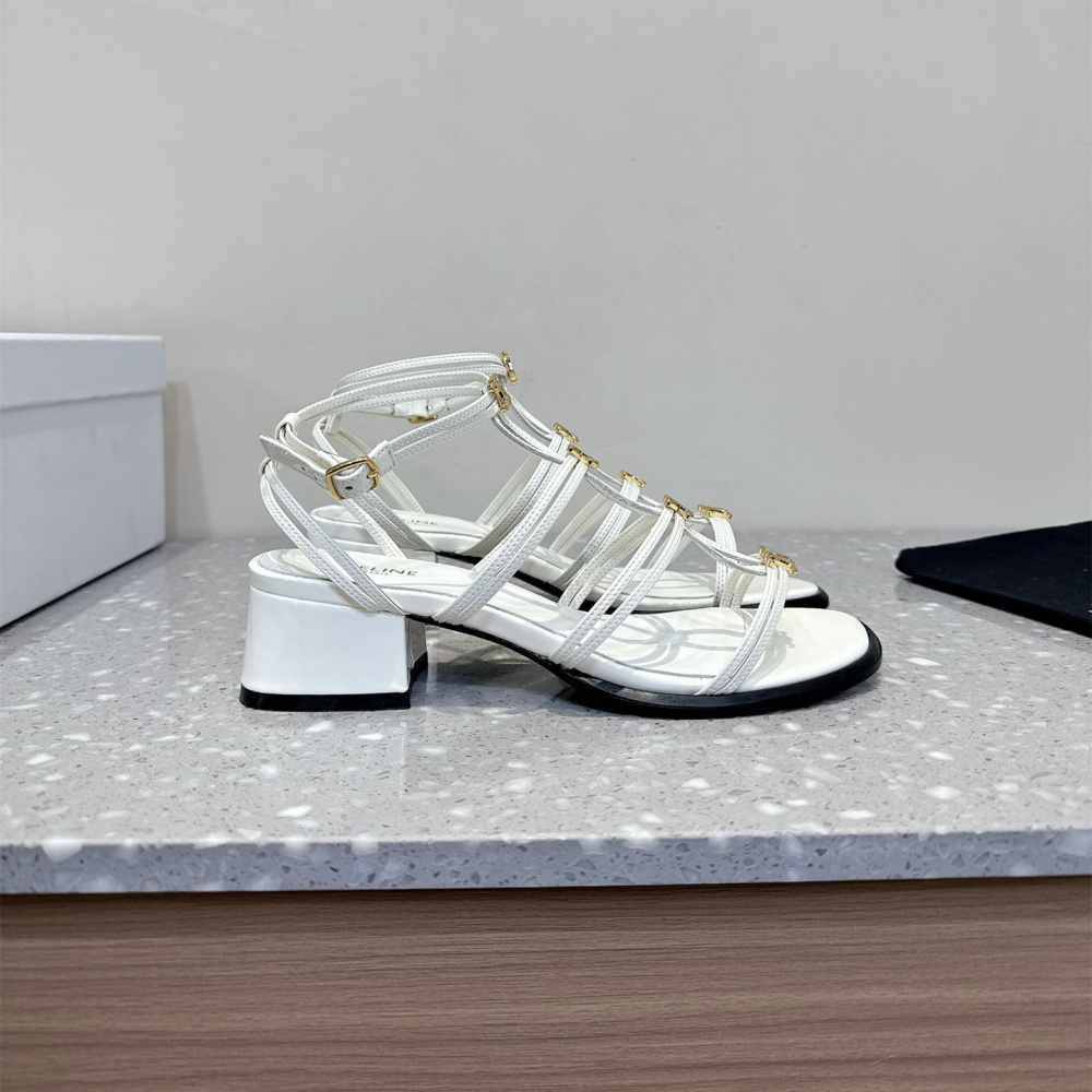 高仿Celine*361233958一字帶粗跟涼鞋白色4CM免檢版