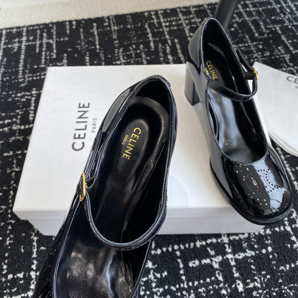 高仿Celine*360314582穿孔LOGO瑪麗珍鞋漆皮黑色6.5CM免檢版