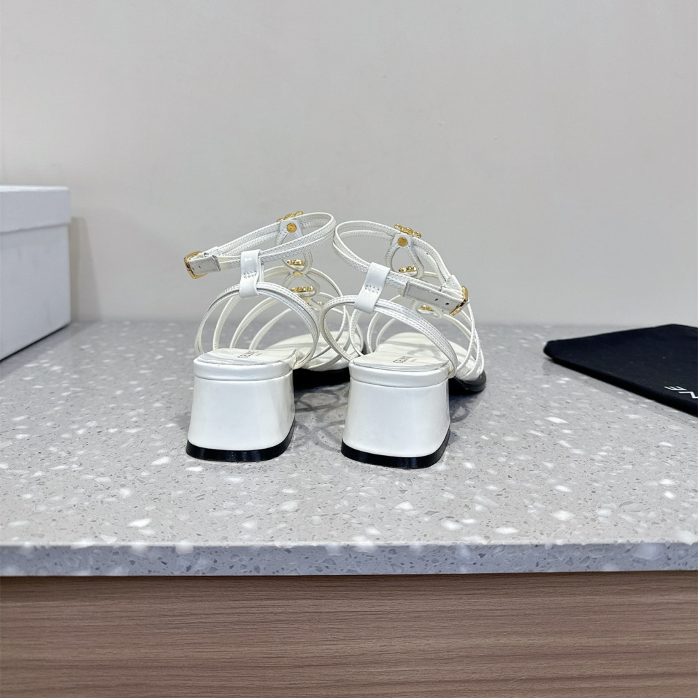 高仿Celine*361233958一字帶粗跟涼鞋白色4CM免檢版