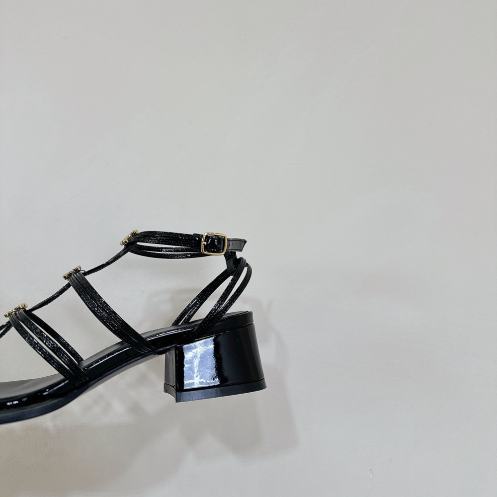 高仿Celine*361234371一字帶粗跟涼鞋黑色4CM免檢版