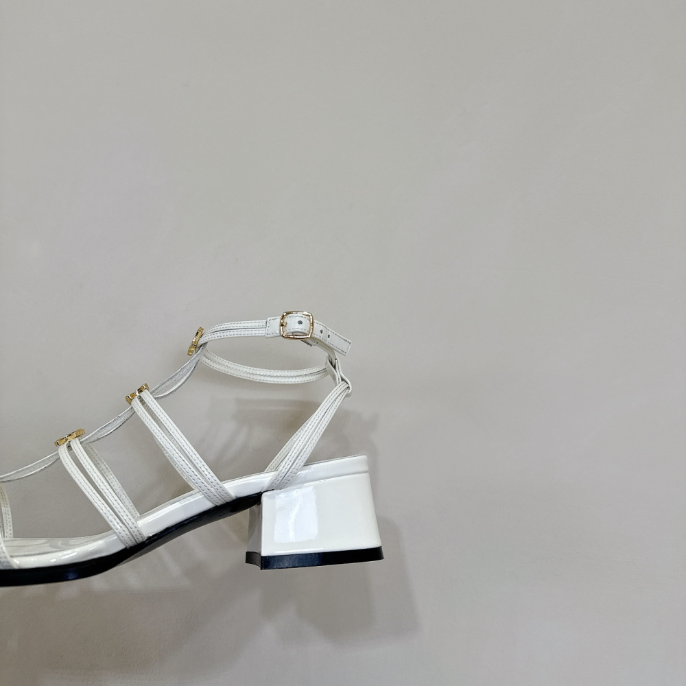 高仿Celine*361233958一字帶粗跟涼鞋白色4CM免檢版