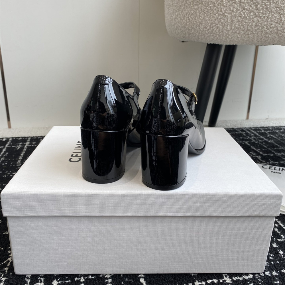 高仿Celine*360314582穿孔LOGO瑪麗珍鞋漆皮黑色6.5CM免檢版