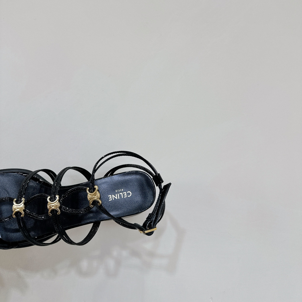 高仿Celine*361234371一字帶粗跟涼鞋黑色4CM免檢版