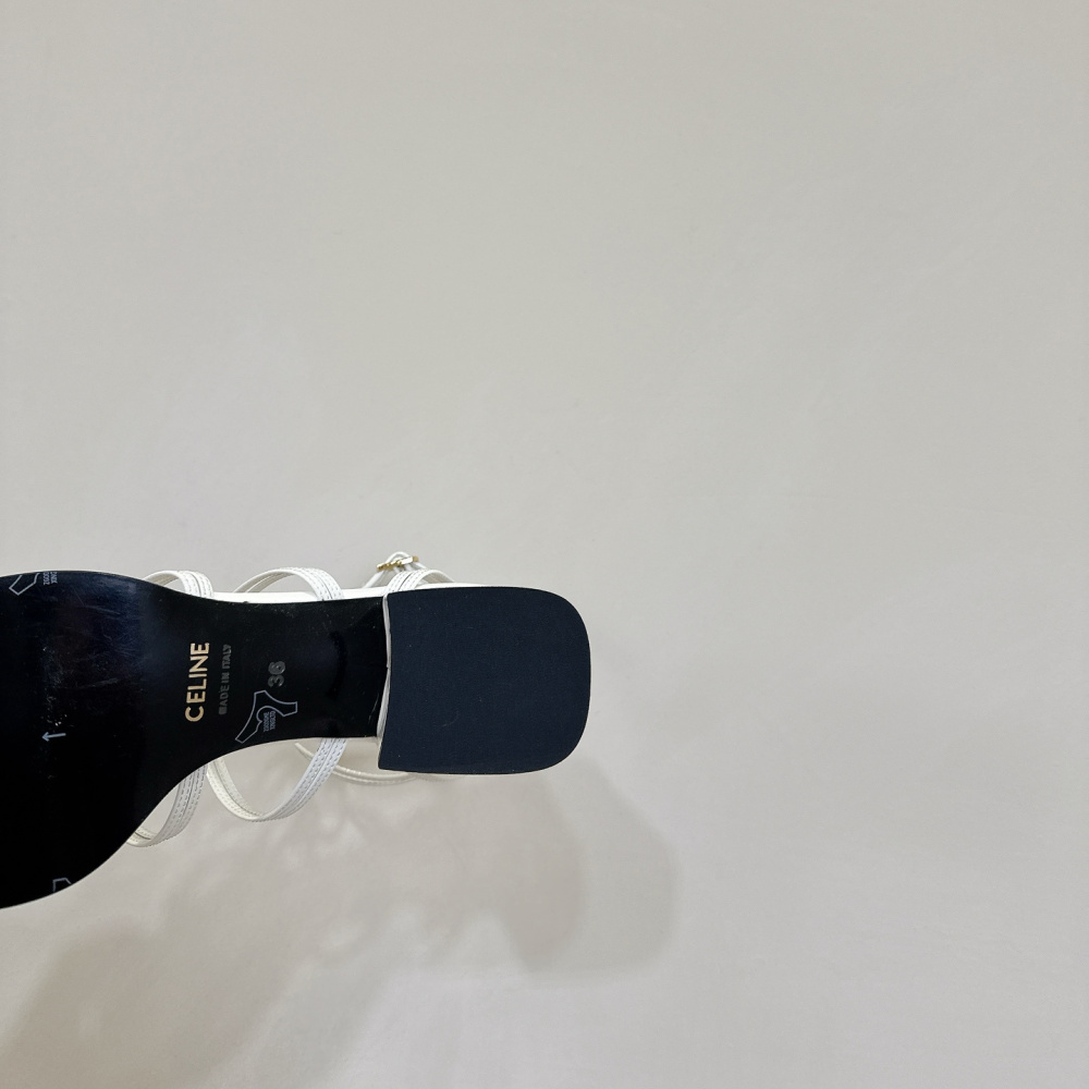 高仿Celine*361233958一字帶粗跟涼鞋白色4CM免檢版