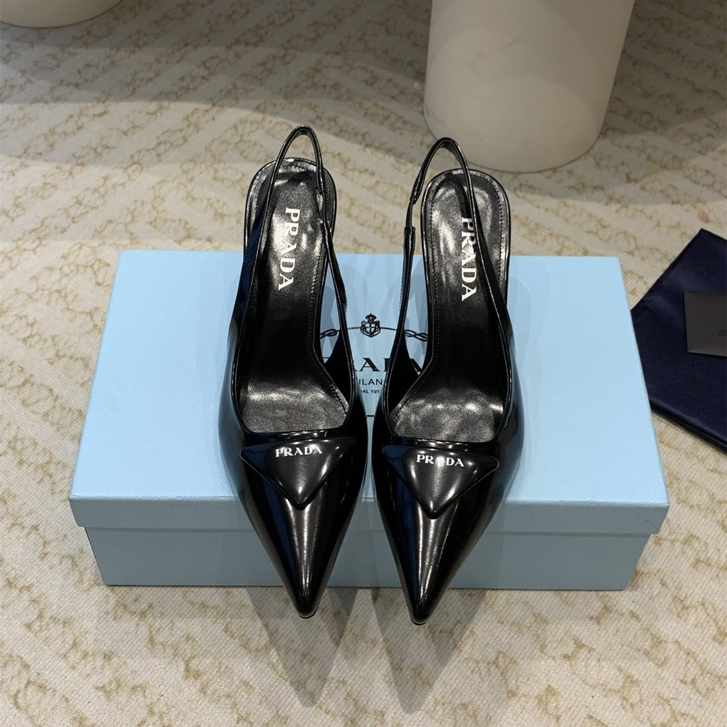 高仿Prada*1I901M露跟印花徽標高跟鞋7.5CM黑色免檢版
