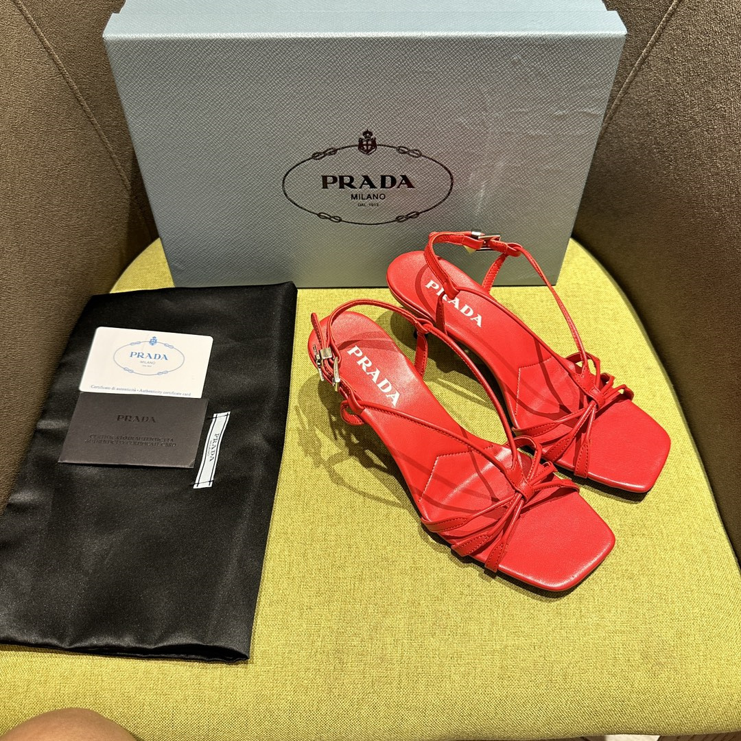 高仿Prada*1X504M方頭一字中踭涼鞋5.5CM紅色免檢版