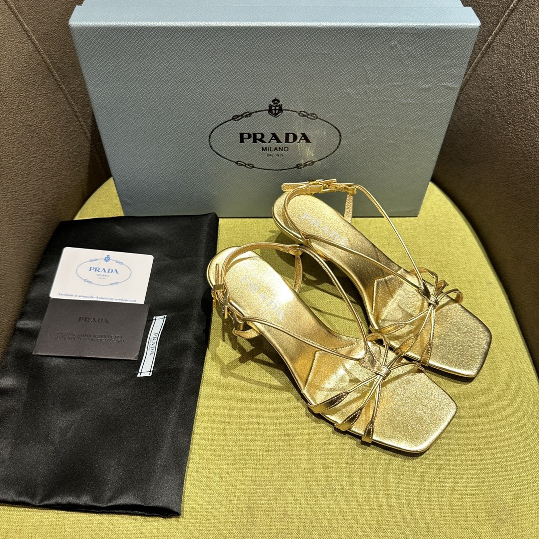高仿Prada*1X504N方頭一字中踭涼鞋5.5CM金色免檢版