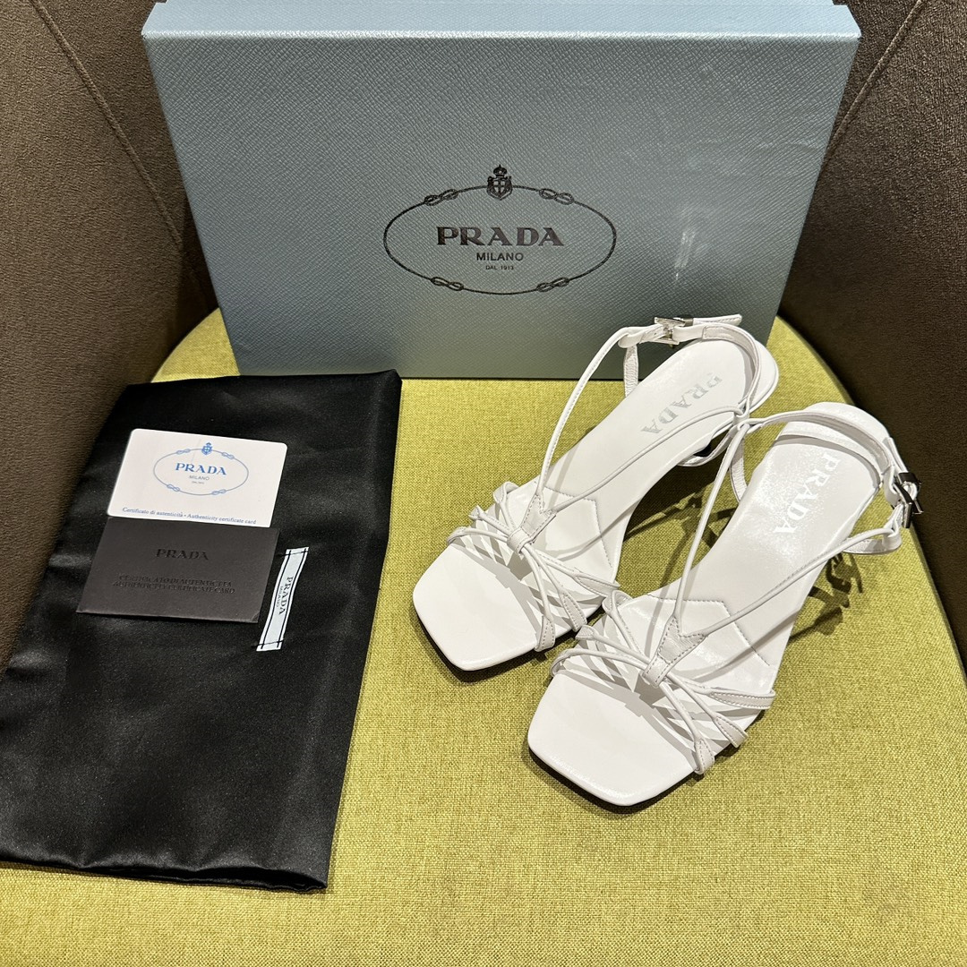 高仿Prada*1X504A方頭一字中踭涼鞋5.5CM白色免檢版