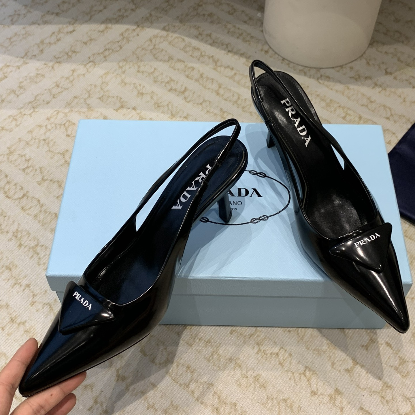 高仿Prada*1I901M露跟印花徽標高跟鞋7.5CM黑色免檢版