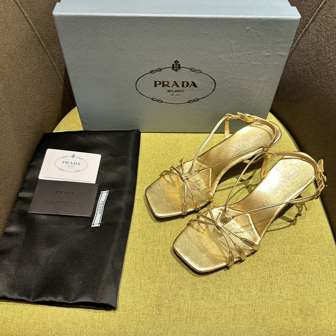 高仿Prada*1X504N方頭一字中踭涼鞋5.5CM金色免檢版