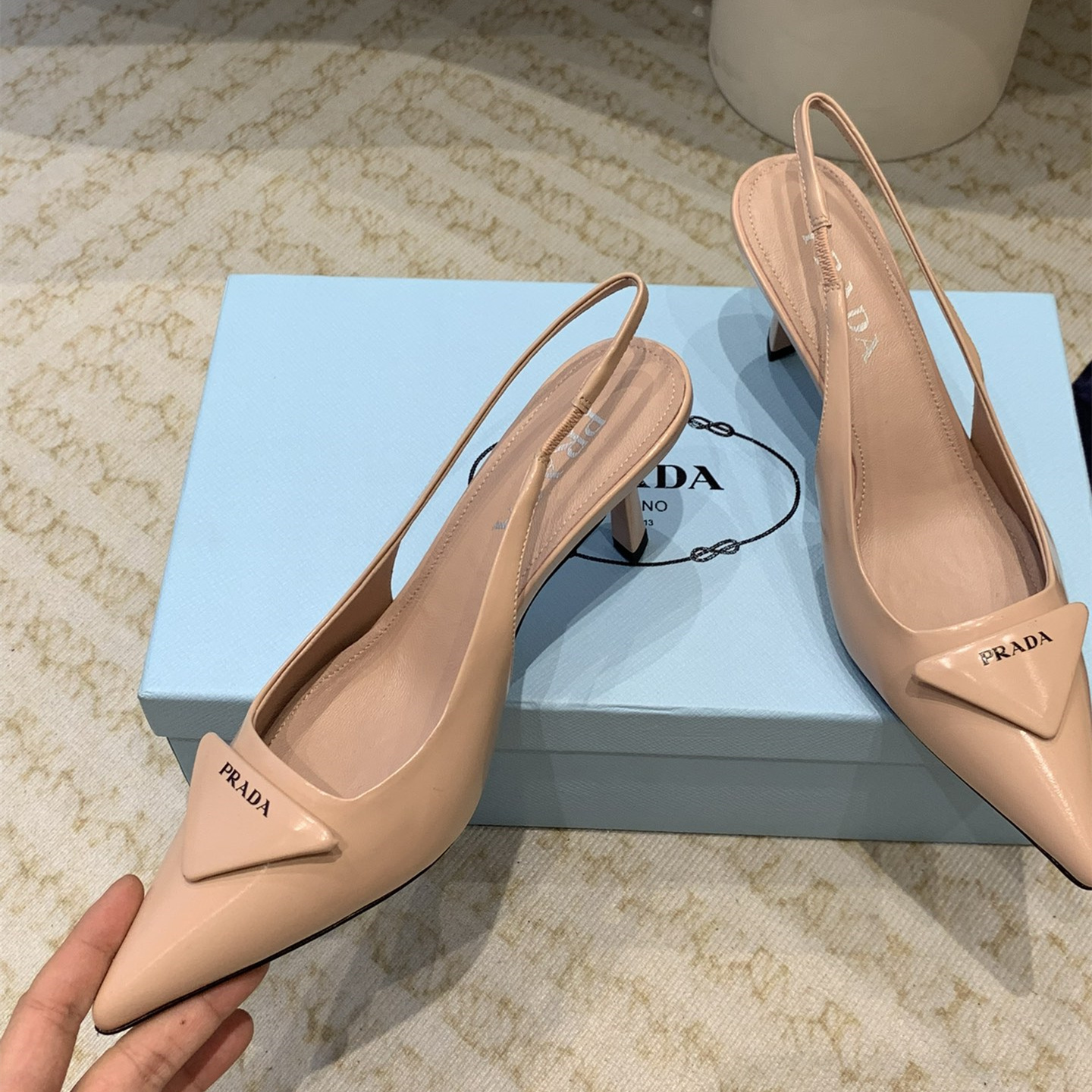 高仿Prada*1I901N露跟印花徽標高跟鞋7.5CM膚色免檢版