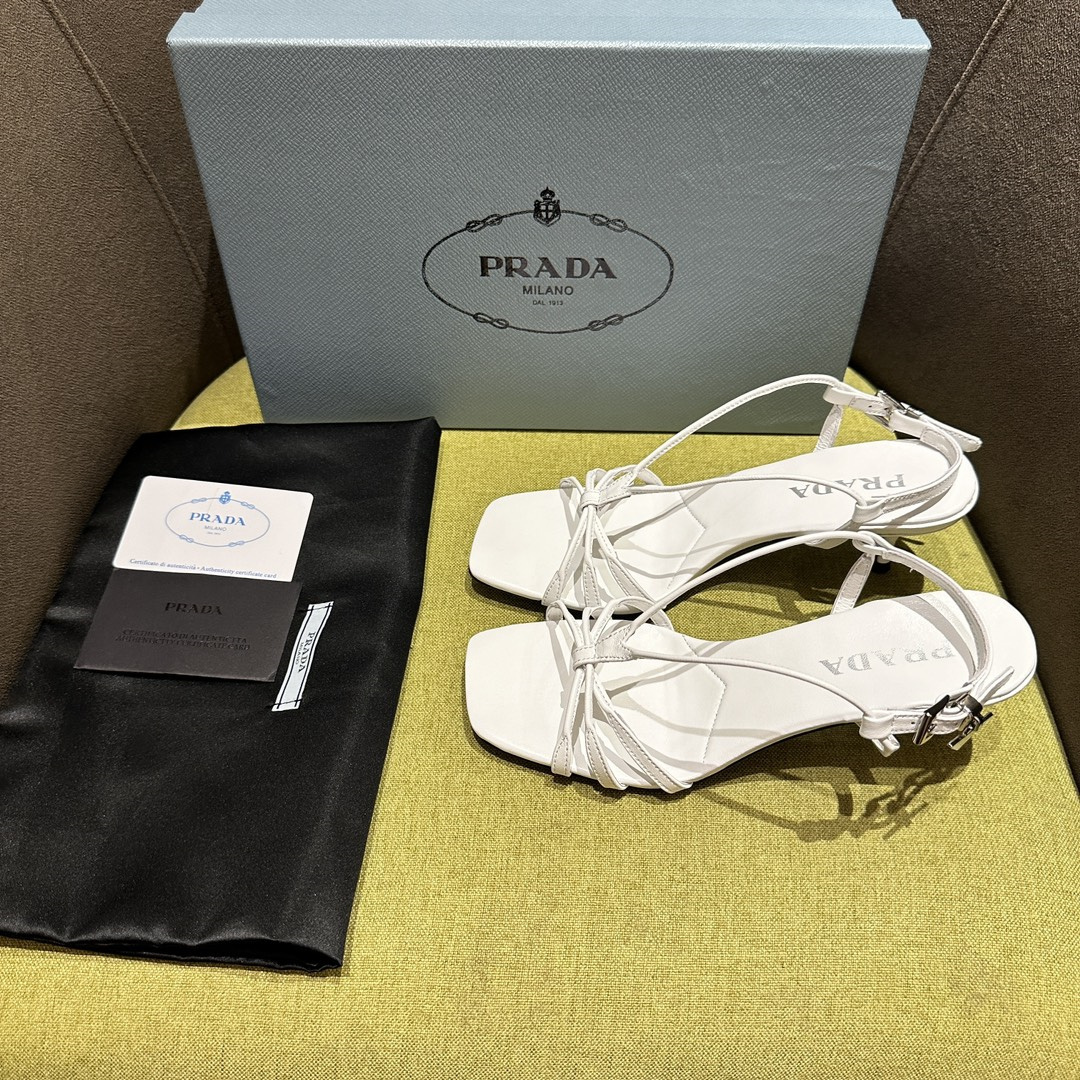 高仿Prada*1X504A方頭一字中踭涼鞋5.5CM白色免檢版
