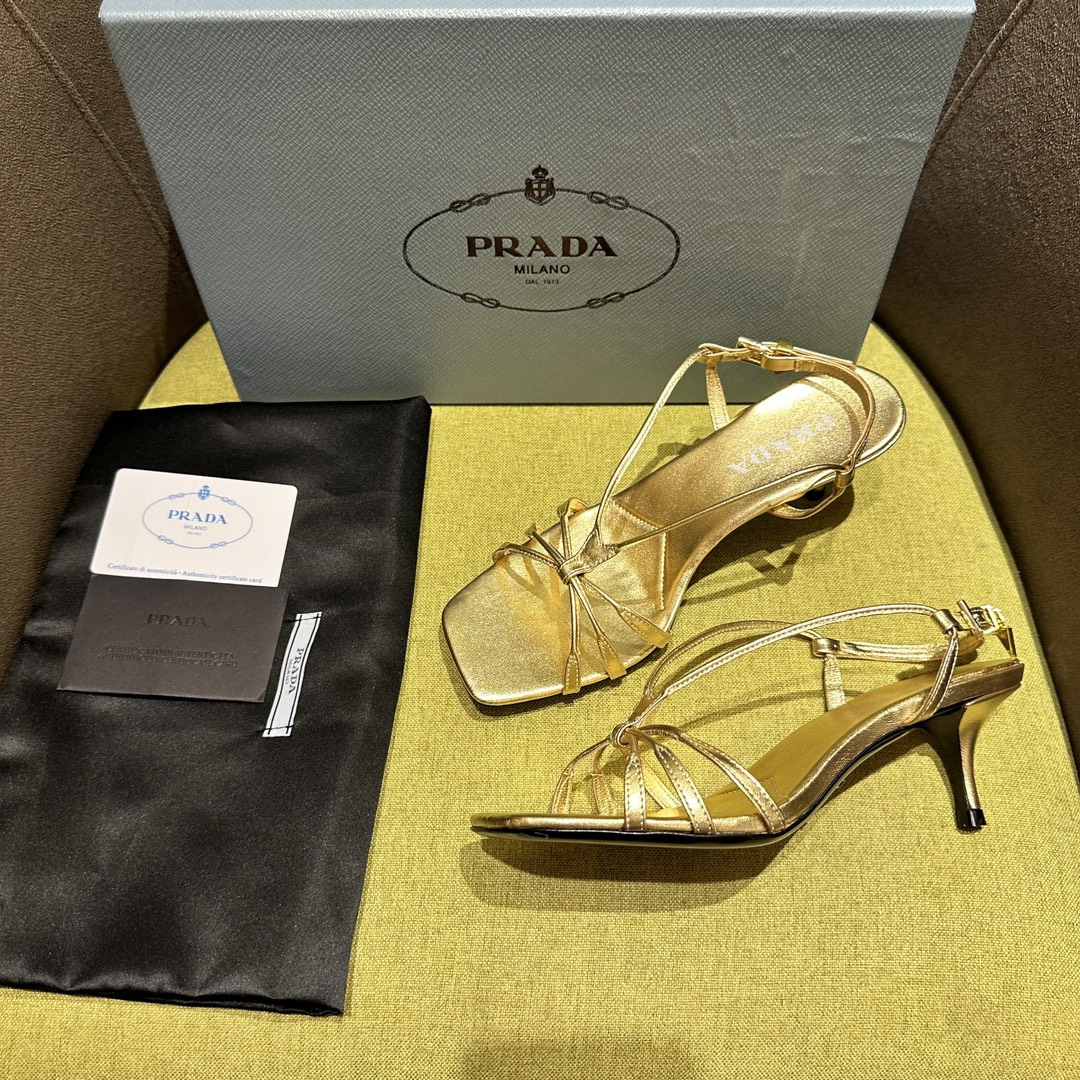 高仿Prada*1X504N方頭一字中踭涼鞋5.5CM金色免檢版