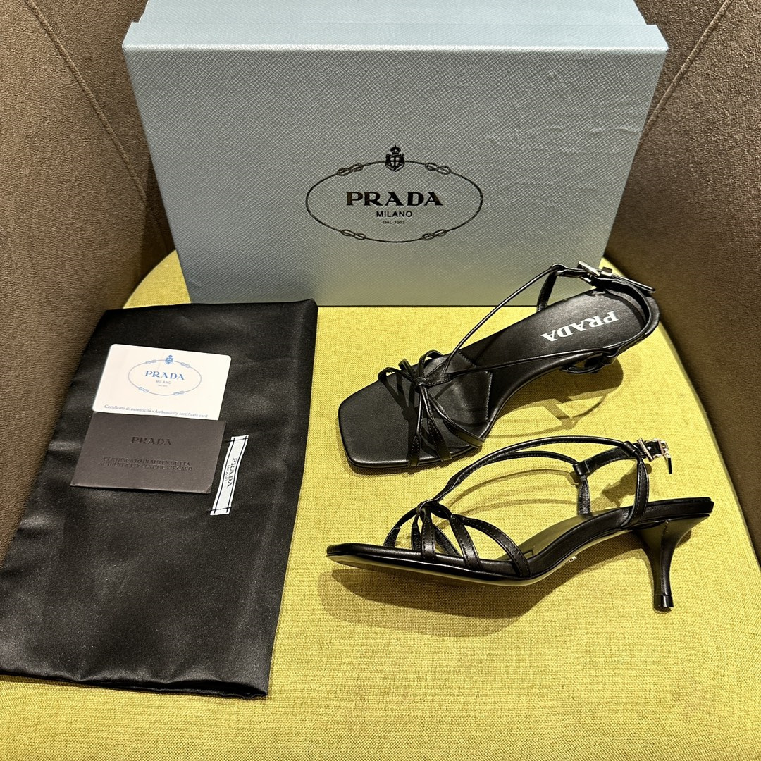 高仿Prada*1X504B方頭一字中踭涼鞋5.5CM黑色免檢版