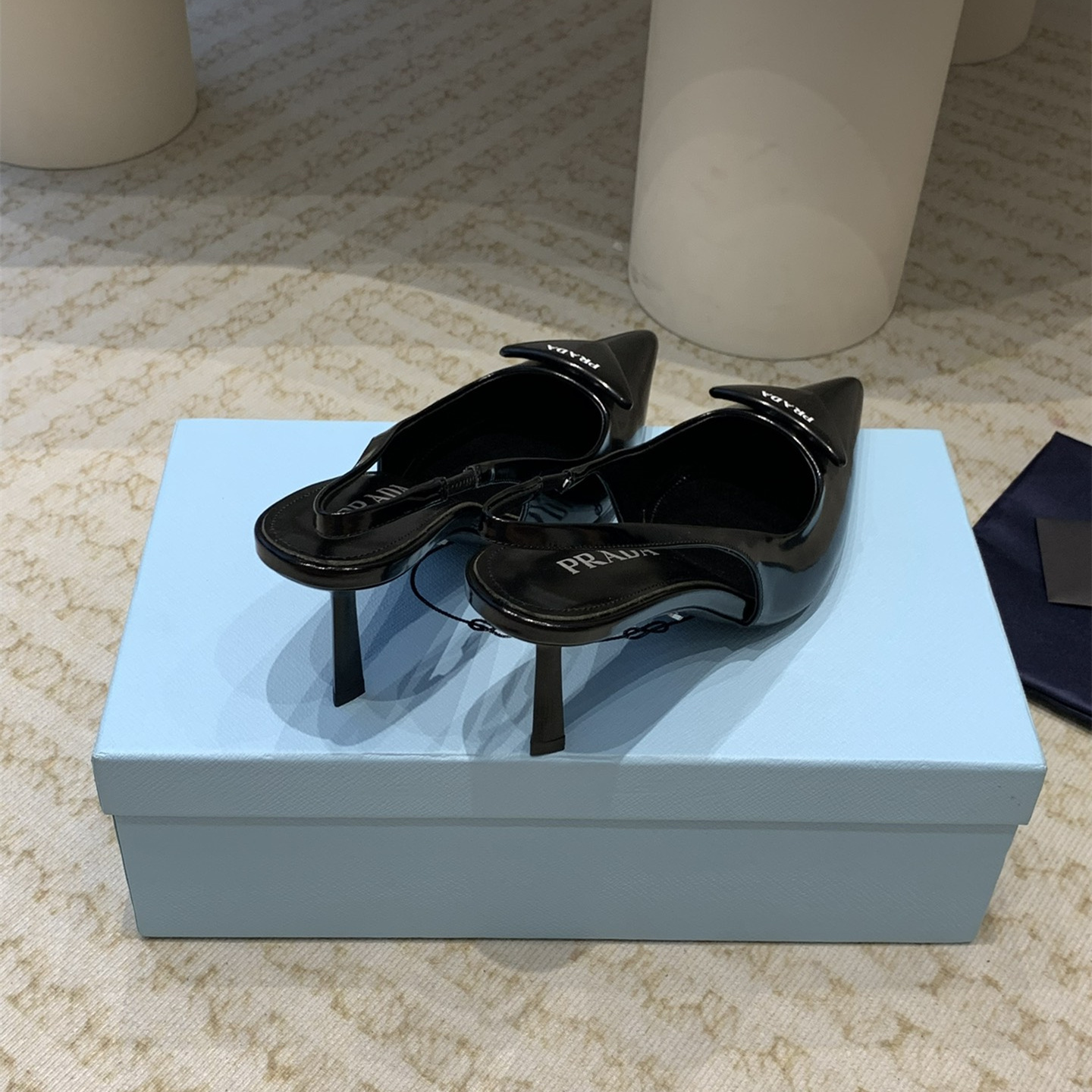 高仿Prada*1I901M露跟印花徽標高跟鞋7.5CM黑色免檢版