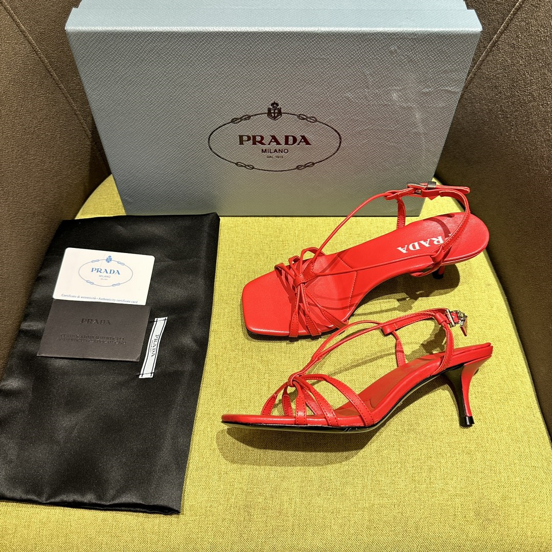 高仿Prada*1X504M方頭一字中踭涼鞋5.5CM紅色免檢版