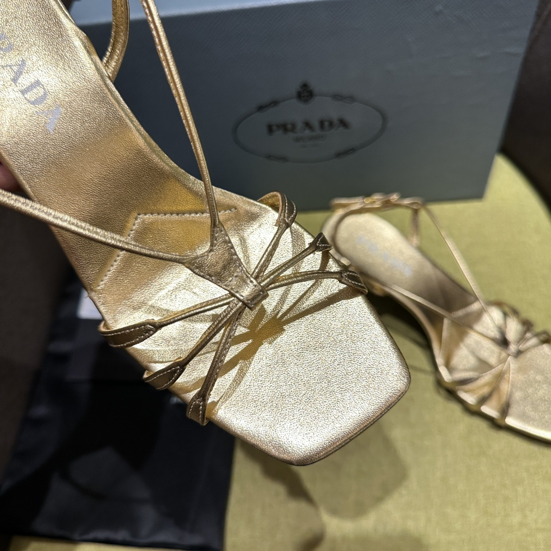 高仿Prada*1X504N方頭一字中踭涼鞋5.5CM金色免檢版