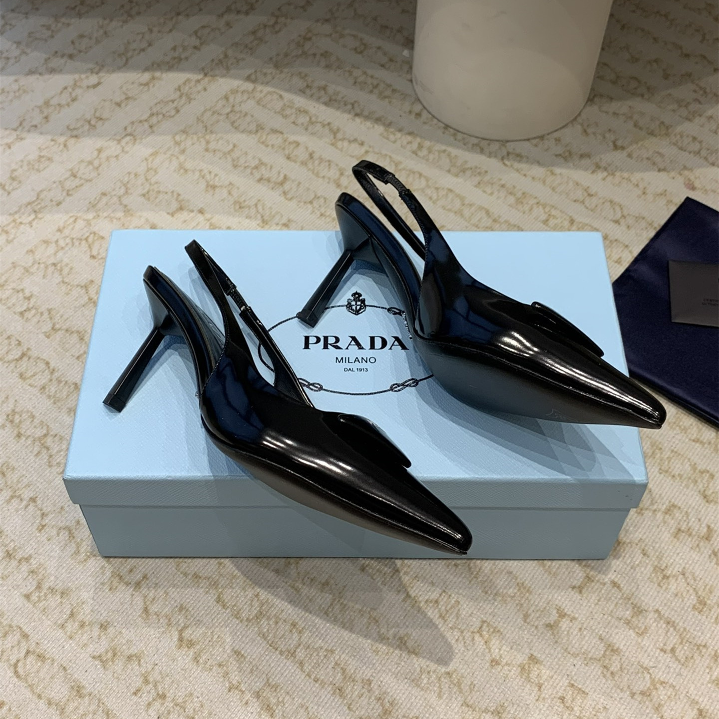 高仿Prada*1I901M露跟印花徽標高跟鞋7.5CM黑色免檢版