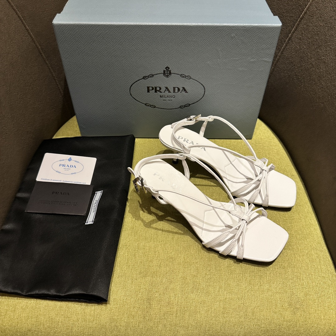 高仿Prada*1X504A方頭一字中踭涼鞋5.5CM白色免檢版