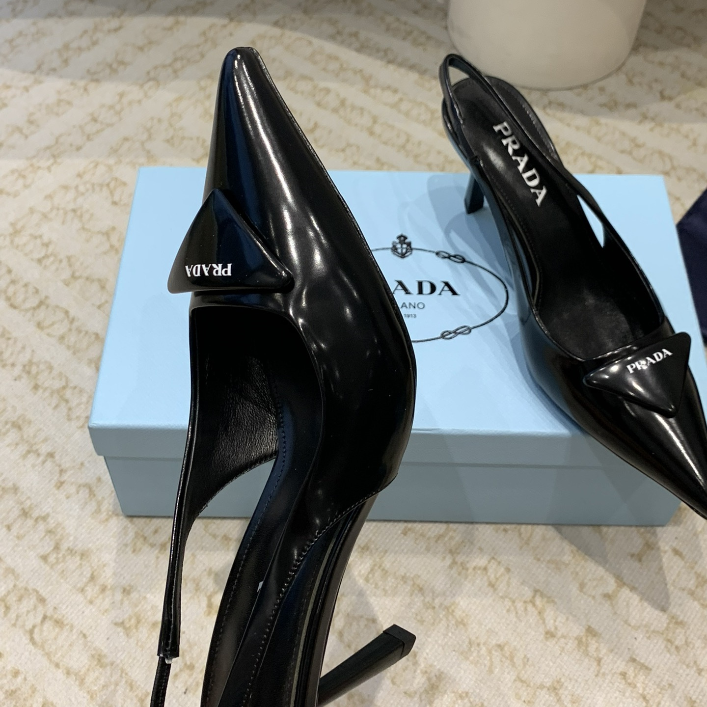 高仿Prada*1I901M露跟印花徽標高跟鞋7.5CM黑色免檢版
