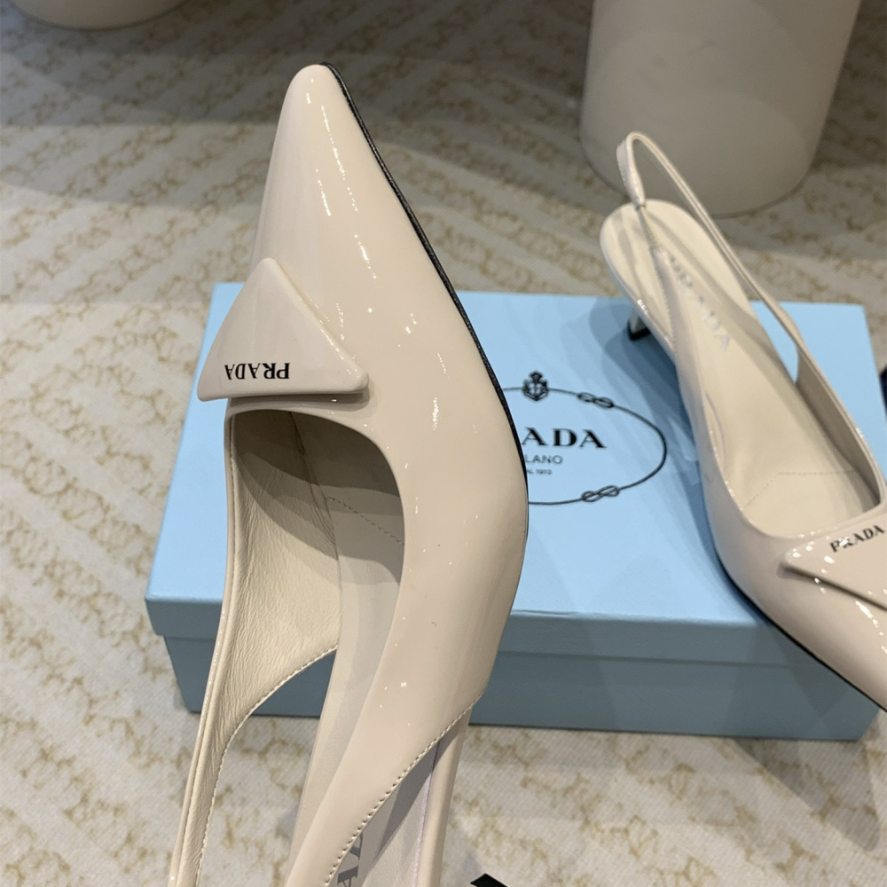 高仿Prada*1I901B露跟印花徽標高跟鞋7.5CM米色免檢版