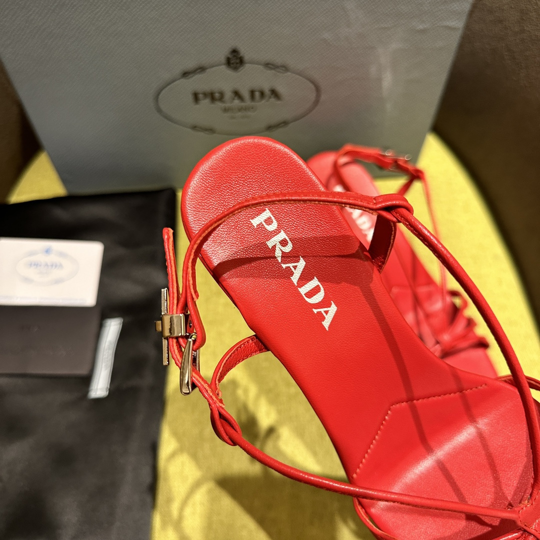 高仿Prada*1X504M方頭一字中踭涼鞋5.5CM紅色免檢版