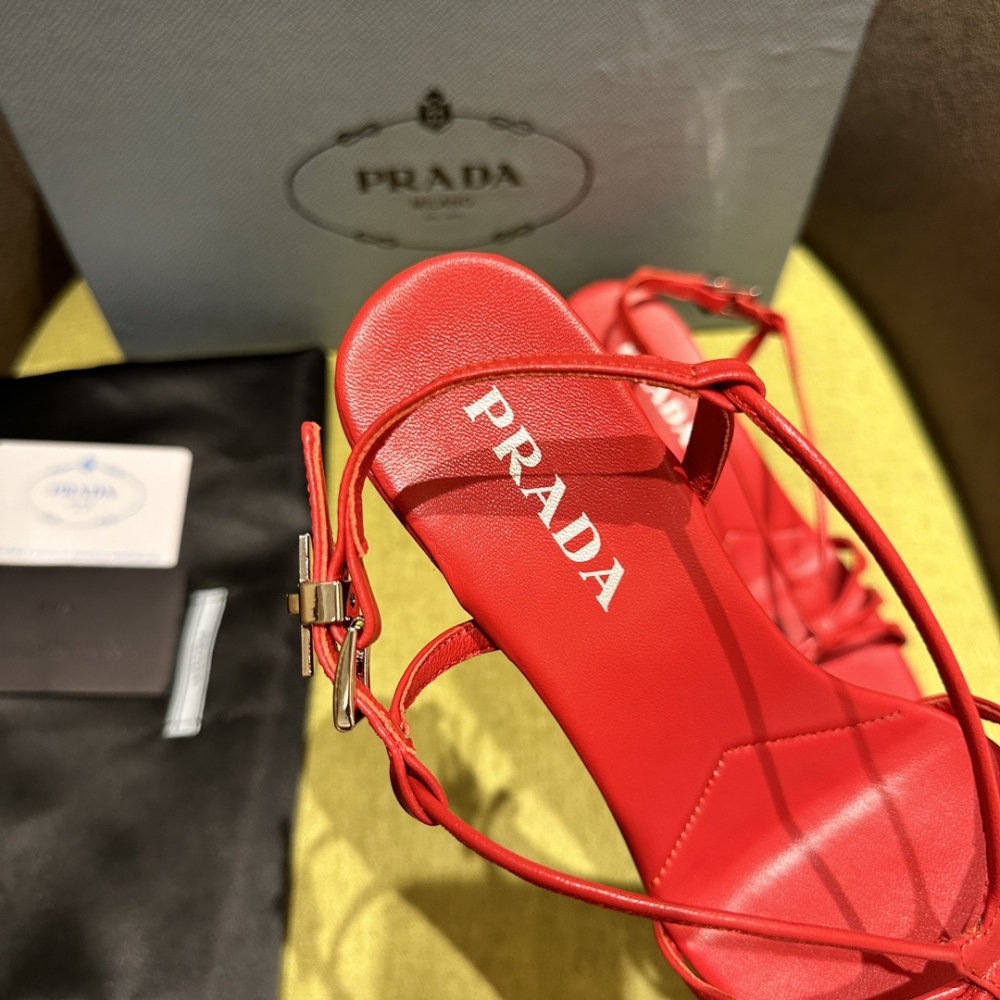 高仿Prada*1X504M方頭一字中踭涼鞋5.5CM紅色免檢版