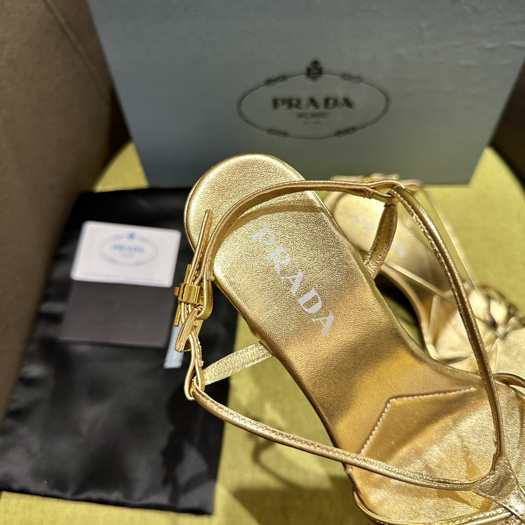 高仿Prada*1X504N方頭一字中踭涼鞋5.5CM金色免檢版