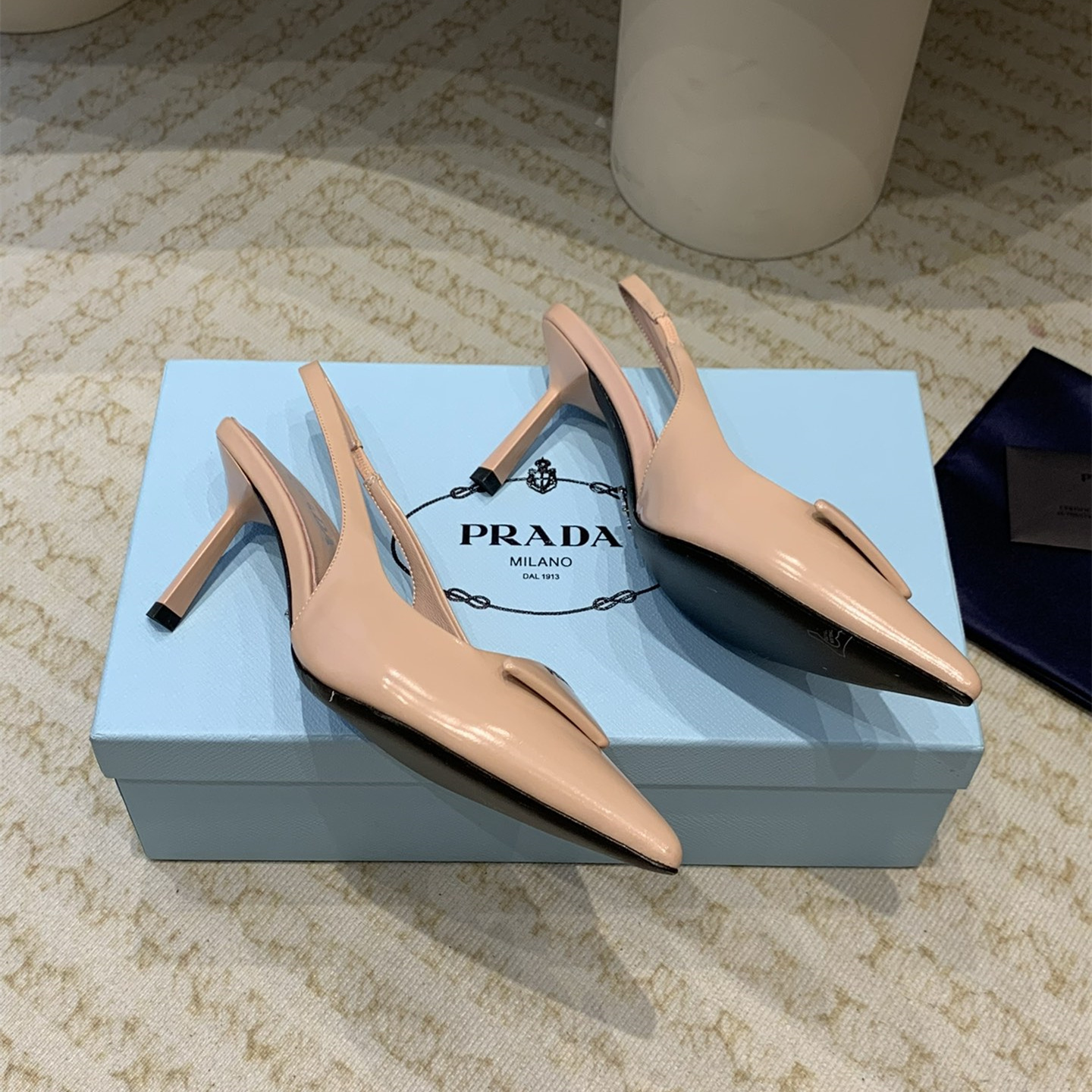 高仿Prada*1I901N露跟印花徽標高跟鞋7.5CM膚色免檢版