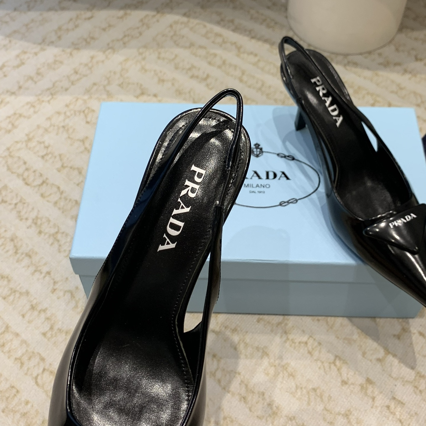 高仿Prada*1I901M露跟印花徽標高跟鞋7.5CM黑色免檢版