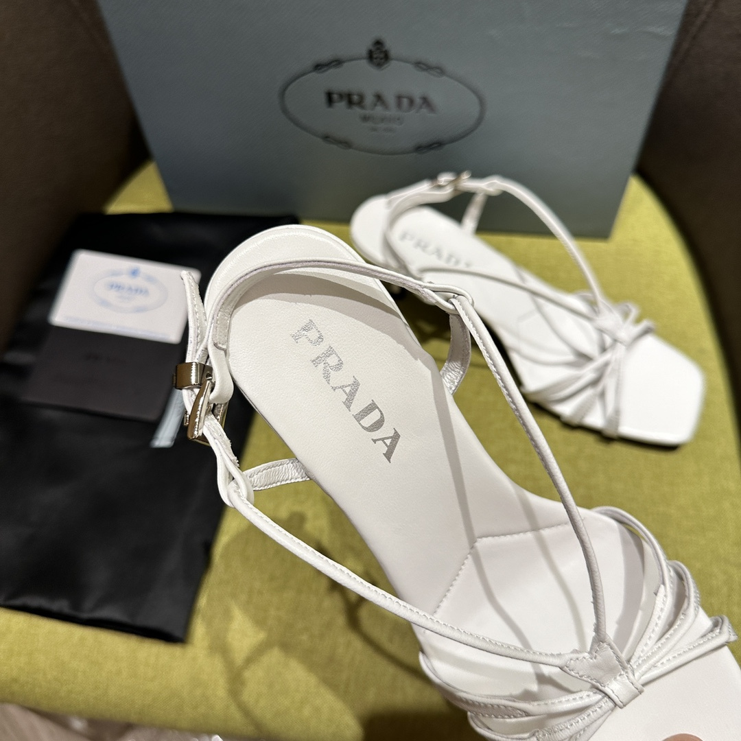 高仿Prada*1X504A方頭一字中踭涼鞋5.5CM白色免檢版