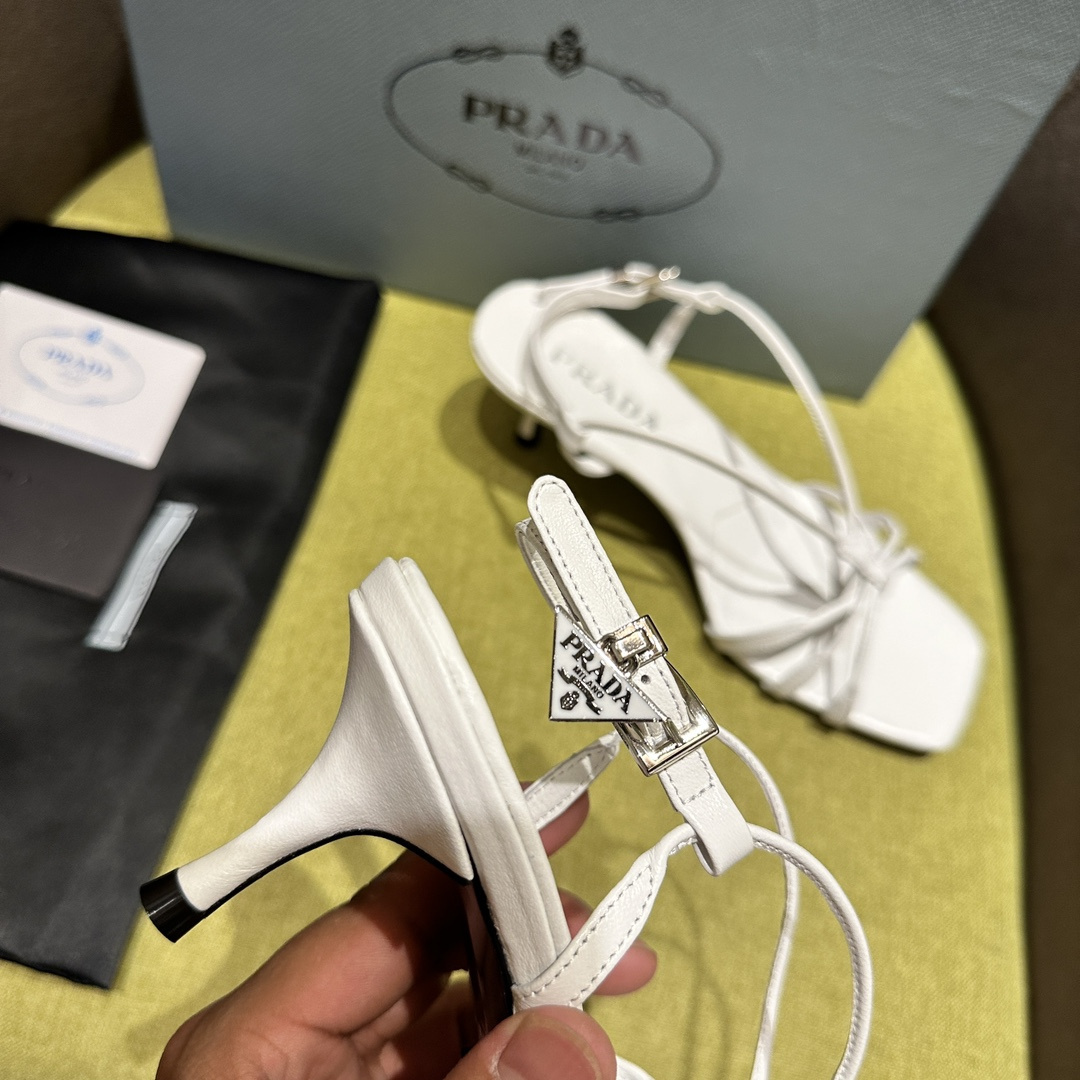 高仿Prada*1X504A方頭一字中踭涼鞋5.5CM白色免檢版
