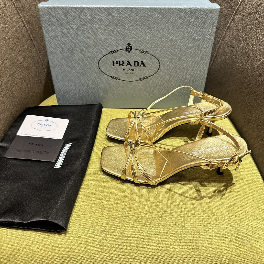 高仿Prada*1X504N方頭一字中踭涼鞋5.5CM金色免檢版
