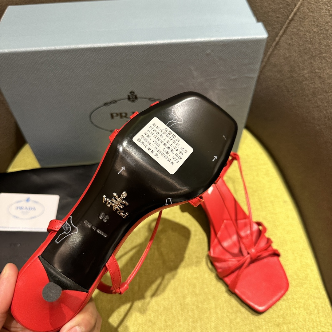 高仿Prada*1X504M方頭一字中踭涼鞋5.5CM紅色免檢版