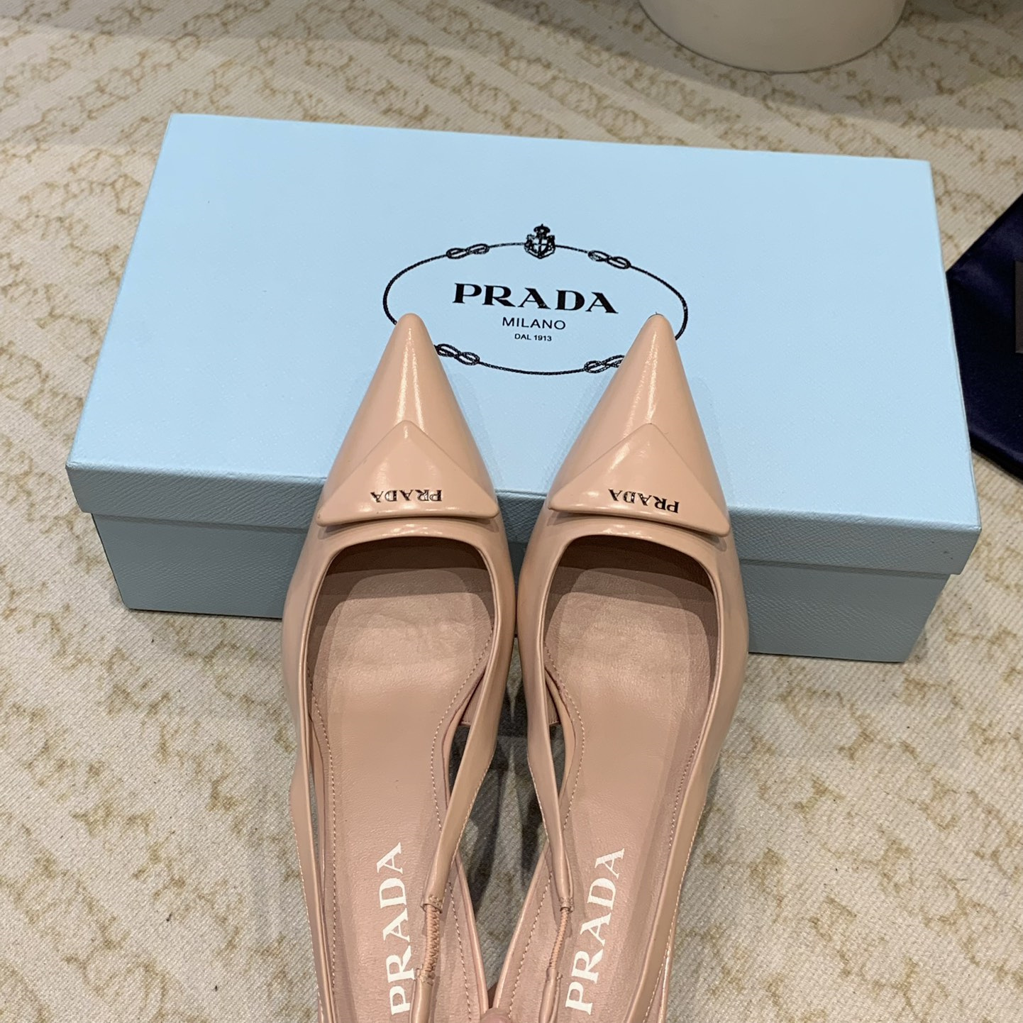 高仿Prada*1I901N露跟印花徽標高跟鞋7.5CM膚色免檢版