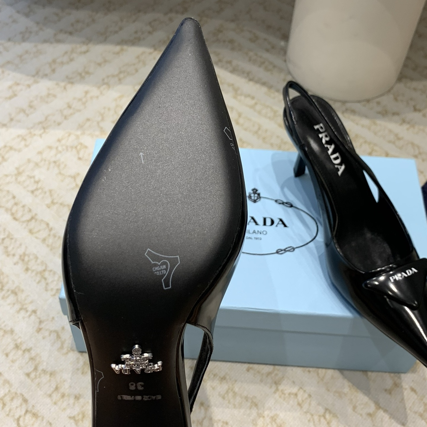 高仿Prada*1I901M露跟印花徽標高跟鞋7.5CM黑色免檢版