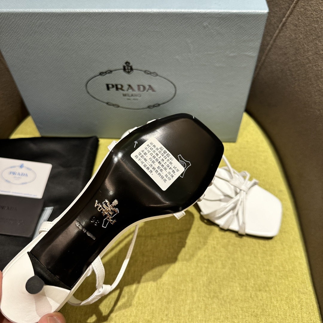 高仿Prada*1X504A方頭一字中踭涼鞋5.5CM白色免檢版
