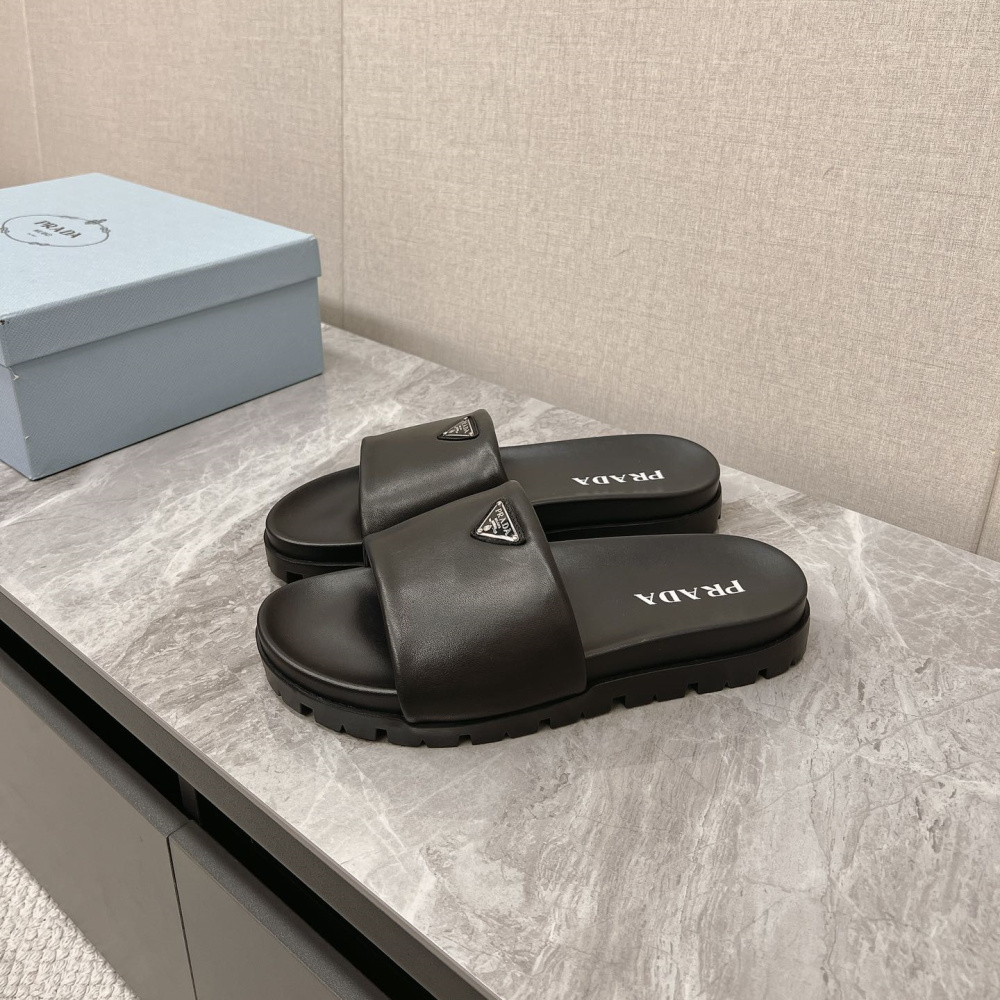 高仿Prada*2X3099N男女同款拖鞋徽標黑色免檢版